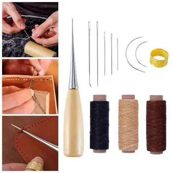 1 комплект кожени занаятчийски шевни комплекти восъчна нишка дървена дръжка ръчни шевни игли за начинаещи кожа ремонт шевове шевни инструменти