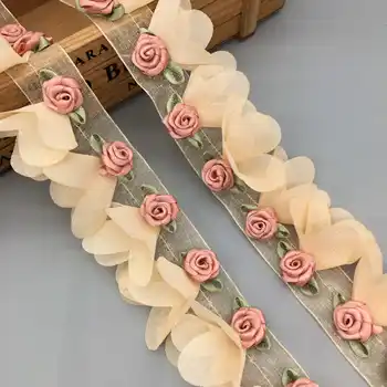 1 ярд Кайсия 3D цвете дантела подстригване флорални плат панделка бродирани сватбена рокля дрехи шапка DIY материали Шевни занаяти