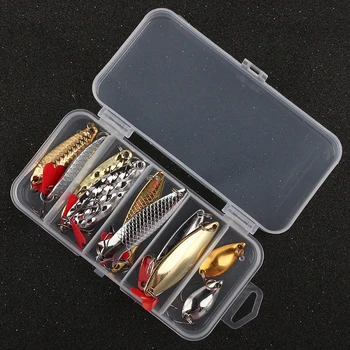 10Pcs риболов метална лъжица примамка комплект комплект златни сребърни примамки пайети Spinner примамки с кутия тройни куки риболовни принадлежности съоръжения