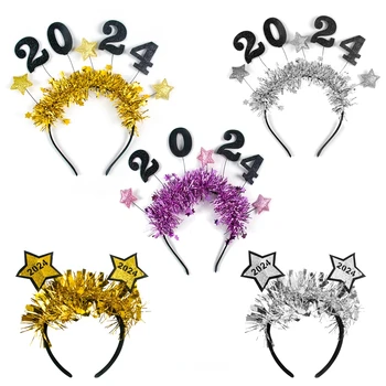 2024 Честита Нова Година Възрастен Детски Лента за глава Блясък Звезда Пайети Hairhoop Парти подпори Жени момичета Коледа Нова година декорация