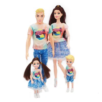 30см Семейна кукла Татко Мама Кен и деца 4 кукли комплект 1/6 кукла Барби Подвижна играчка за обучение на тялото за деца Детски подарък за рожден ден