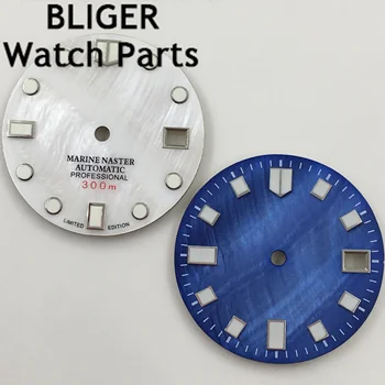 BLIGER 29mm син бял часовник циферблат годни NH35 движение