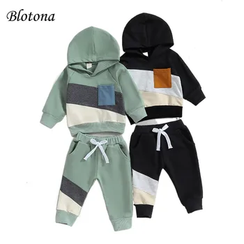 Blotona Baby Boy Fall Outfits Класически дълъг ръкав контрастен цвят пачуърк качулка + панталони комплект детски дрехи 3Months-3Years