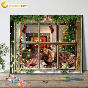 CHENISTORY Paint By Number Window Kitten Drawing On Canvas Gift Diy Pictures By Numbers Коледни комплекти за декори Арт Начало Декор