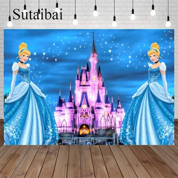 Disney Custom Cinderella Castle Princess Stars Photo Backdrop Girls Kids Happy Birthday Party Decoration Background Banner