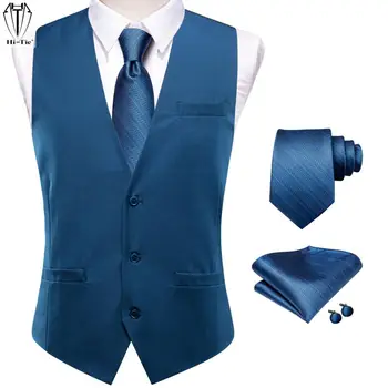 Hi-Tie Blue Viscose Мъжка жилетка с вратовръзка Hankerchief копчета за ръкавели комплект жакард жилетка без ръкави яке за сватбен бизнес подарък