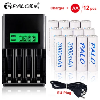 PALO 12pcs AA акумулаторна батерия с LCD зарядно устройство за AA AAA Ni-mh Ni-cd 1.2v акумулаторна батерия