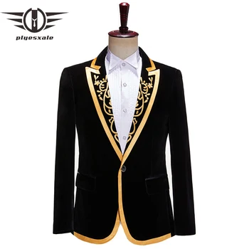 Plyesxale Blazer Velour Homme Мъжки луксозен блейзър костюм сценичен костюм яке мъжки кадифе злато бродирани блейзъри за мъже Q601