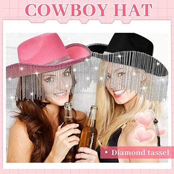Rhinestone Cowgirl Hat Bling Diamond Fringe Cowboy Hat Western Hat Glitter Cowboy Hat for Men Women Cosplay Party Costume