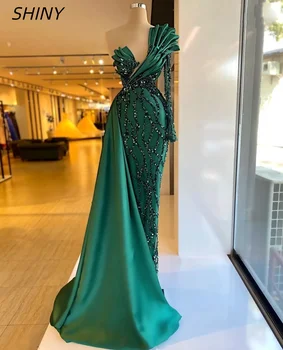 SHINY персонализирани ръчно изработени жени ярко зелено благородна русалка пенливи нередовни нагънат едно рамо дълъг ръкав вечерна рокля