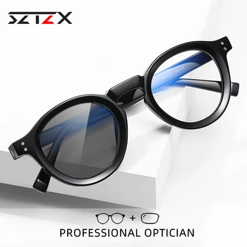 SZTZX Класически кръгли фотохромни анти синя светлина очила за четене жени мъже късогледство хиперопия рецепта оптични очила PF2090