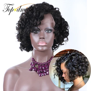 Topodmido Къдрава бразилска коса Pixie Cut перука с естествена коса Къса човешка коса Bob Cut перука със странична част 4x4 Bob Lace Wigs