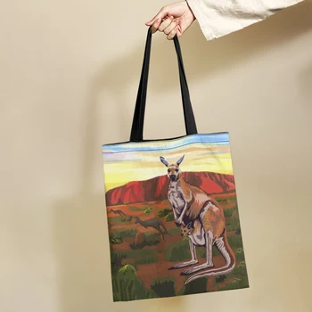Yikeluo австралийски кенгуру дами платно чанта племенни животински живопис с маслени бои печат голям капацитет екологичен пазарска чанта