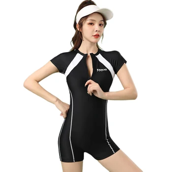 Zipper плюс размер атлетичен бански жени къс ръкав сърф гмуркане шнорхел едно парче спортни бански женски бански костюм 2024