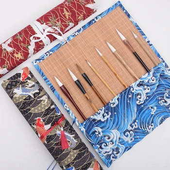 Арт ролка стил бродерия живопис консумативи четка китайски случай защитна чанта бамбук училище инструменти писалка ретро