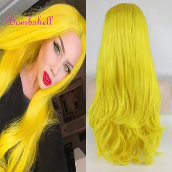 Бомба жълт цвят естествен прав синтетичен 13X4 дантела предни перуки лепило високо качество топлоустойчиви влакна за жени перука