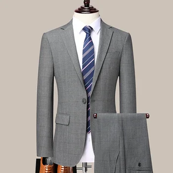 Високо качество (Blazer + панталони) Мъжки британски стил бизнес случайни старши сватба елегантен прост джентълмен костюм две части
