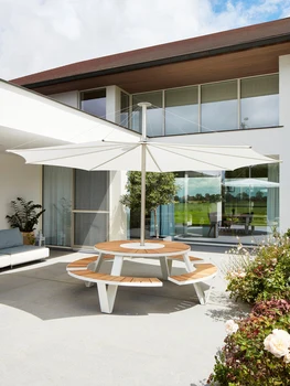 Външна маса и стол за ресторант на самообслужване с чадър, интегрирана дълга маса за хранене, обществено място, желязно изкуство