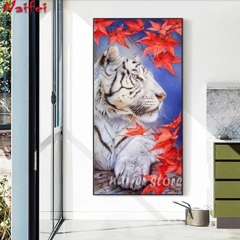 Диамантен комплект за рисуване Животински бял тигър червен кленов лист 5D DIY диамантена бродерия кръстат бод кристали мозайка домашен декор