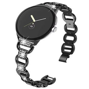 Диамантена каишка от неръждаема стомана за Google Pixel Watch Band Овална форма Метални мъже Жени Bling гривна за пиксел часовник Ремъци