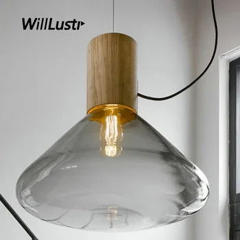 Дървена висулка лампа естествено дърво стъкло окачване светлина дизайн Nordic трапезария ресторант кафе висящи таван полилей