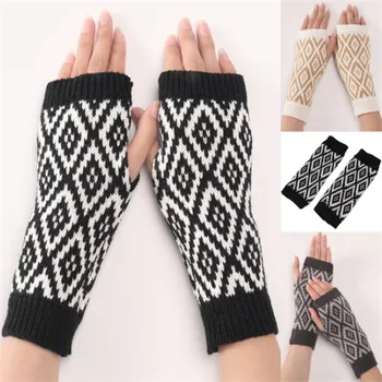 Жена дами ръкавици без пръсти зимни топли меки плетени диамантени модел ръкавици ST029