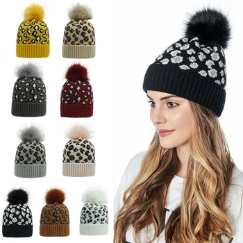 Жените зимни топли плетени шапка шапка реколта леопард животински печат голям fuffy маншет череп открит ски за главата