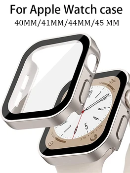 Закалено стъкло + калъф за лента за Apple Watch 44mm 40mm 41mm 45 mm Прав ръб Screen Protector капак iWatch серия 9 8 7 6 5 se