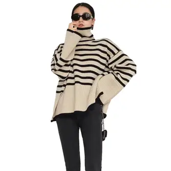 Защита на врата пуловер уютен стилен дамски пуловер висока яка раирана печат мека плета топло модерен за есен зима дебел