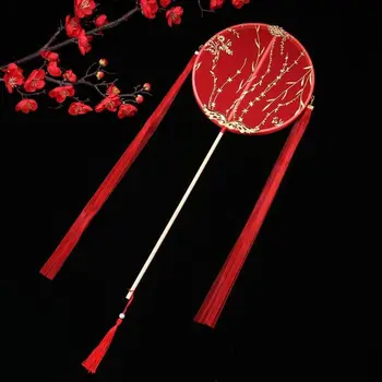 Китайски стил китайски стил кръг фен ханфу дълга дръжка пискюли Tuan фен полупрозрачен с висулка бродерия фен Начало декор