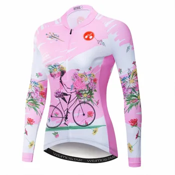 Колоездене Джърси Дамски велосипед риза дълъг ръкав MTB Top Maillot велосипеди път планински якета Famale състезателни облекло есен розово