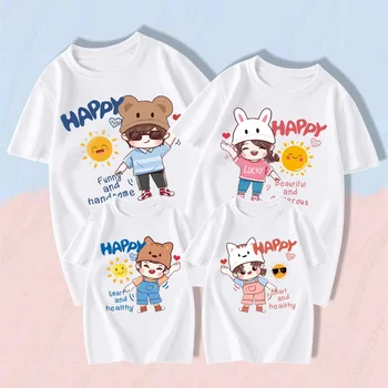 Корейска мода карикатура печат памучна тениска лято майка дъщеря върховете семейство съвпадение тоалети възрастни деца семейство поглед тениски