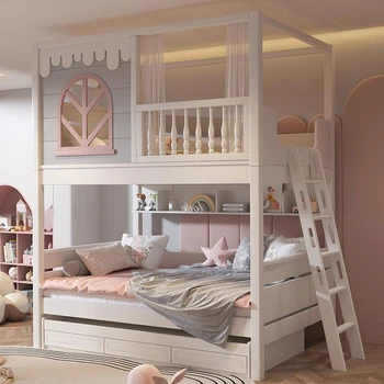 Красиво момиче Детски легла в розово Голямо пространство за съхранение Сладък дизайн Мантинела Детски легла Двуетажно легло Kinderbett Мебели за спалня