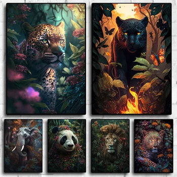 Леопард слон лъв лисица цветя джунглата естетика плакати за магазин хол платно живопис изкуство дома стена декор картина