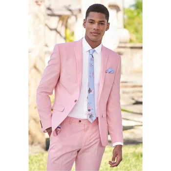 Летен мъжки костюм Нов розов моден плаж Casual връх ревера с един бутон мъжки блейзър 2 броя сватбен младоженец смокинг яке панталони 2024