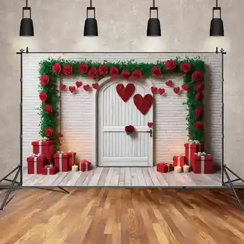 ЛУНА. QG фон 14 февруари Червена роза декор фотография фон Свети Валентин врата сърце тухлена стена Photozone студио подпори