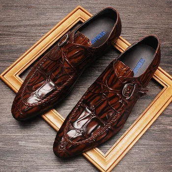 Мокасини Оксфорд обувки мъже крокодил печат официални естествена кожа заострени пръсти приплъзване на бордо черна катарама мъжки рокля обувки