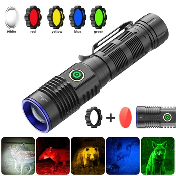 Мощно тактическо фенерче Зелено червено LED фенерче Пет цвята Ярък прожектор Далечни разстояния Zoomable Аварийна горелка на открито