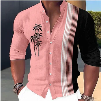 Мъжка най-нова модна спортна риза с дълъг ръкав Хавайски кокосово дърво дизайн проста материя мека и удобна мъжка S-6XL