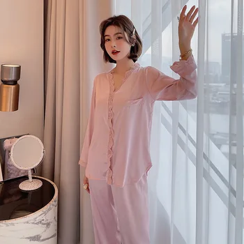 Нов комплект за пижами на жените Vintage V Neck Lace Спално облекло Silk Like Nightie Leisure Начало Дрехи Нощно облекло Пижами Femme
