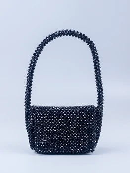 Нов черен акрилен ъгъл мъниста U-образна дръжка на жените вечеря ръчно тъкани мода рамо чанта