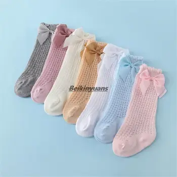 Ново лято бебе момиче чорапи мрежа тънък голям лък малко дете sokken бебе дълго коляно високо чорап памук новородено чорапи за момичета