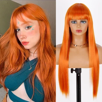 Оранжева дълга права перука за коса със синтетична перука Bang, подходяща за дамско ежедневно косплей парти топлоустойчива естествена коса