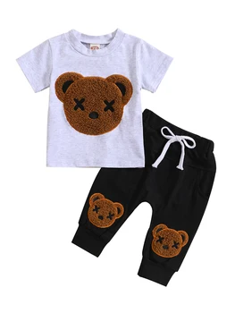 Очарователни 2-парче малко дете мечка отпечатани анцуг комплект с къс ръкав тениска и панталони за ежедневни тоалети