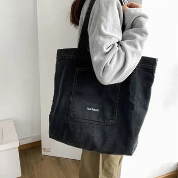 Пазаруване чанти жени деним прости твърди голям капацитет чанта купувач Totes женски пътуване рамо чанта спортни чанти жени