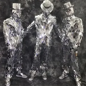 Парти огледало мъже костюм сцена танцови костюми сребърно огледало яке бар изпълнява носи огледало палто DJ тоалети сребърна диско маска