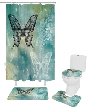 Пеперуда точки градиент душ завеса нехлъзгащи килими тоалетна капак капак и баня мат баня завеси с куки