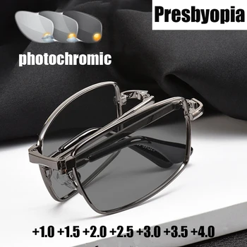Преносими сгъваеми фотохромни мултифокални очила за четене Мъже Жени Анти синя светлина Пресбиопия Очила Диоптър +1.0 До +4.0