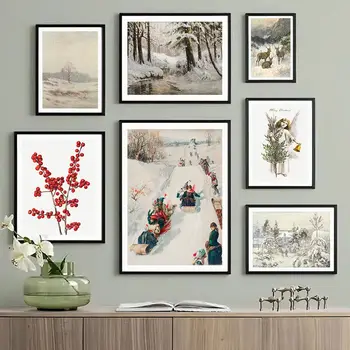 Реколта коледни плакати дърво матирано Холи зимен пейзаж стена изкуство платно живопис отпечатъци картини хол празник декор