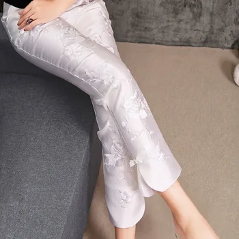 Реколта флорални бродерия китайски стил тънък панталон жени случайни елегантен джоб сплит вилица глезена дължина панталони женски дрехи